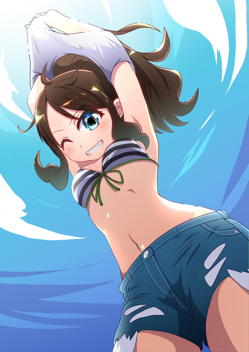 1girl absurdres armpits arms_up bikini bikini_top blue_eyes blush brown_hair clouds cowboy_shot denim denim_shorts fisheye from_below grin happy high_ponytail highres long_hair looking_at_viewer looking_down midriff negimiso1989 one_eye_closed pokemon pokemon_(game) pokemon_bw ponytail shorts sidelocks sky smile solo swimsuit torn_clothes torn_shorts touko_(pokemon) undressing