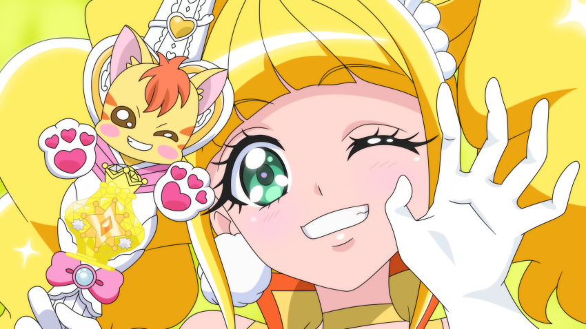 1girl anime_coloring bangs blonde_hair blunt_bangs choker cure_sparkle dearigazu2001 eyebrows_visible_through_hair gloves green_eyes grin healin'_good_precure highres holding long_hair looking_at_viewer nyatoran_(precure) one_eye_closed portrait precure shiny shiny_hair smile solo white_gloves yellow_choker