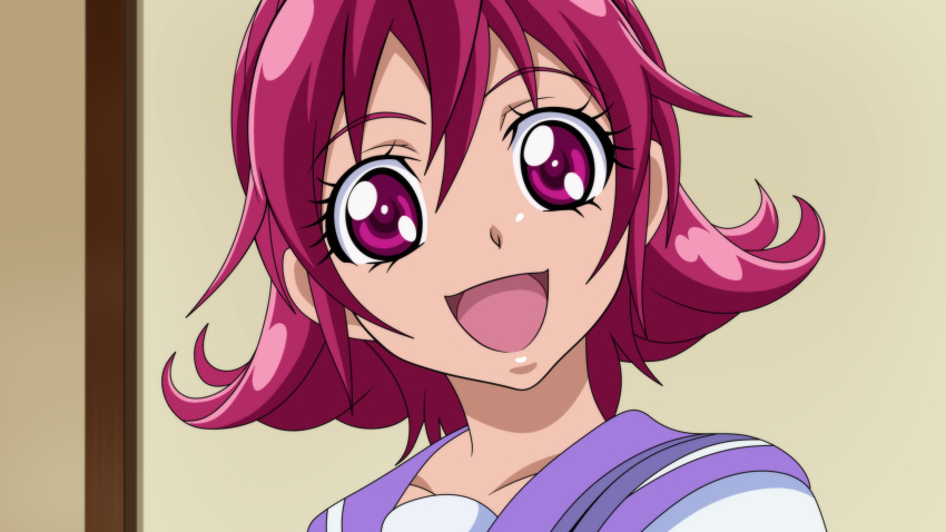 1girl :d aida_mana anime_coloring bangs collarbone dearigazu2001 dokidoki!_precure eyebrows_visible_through_hair hair_between_eyes highres looking_at_viewer open_mouth portrait precure purple_sailor_collar red_eyes redhead sailor_collar sailor_shirt shiny shiny_hair shirt short_hair smile solo