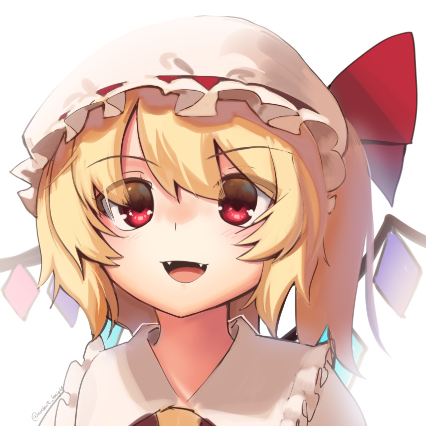 1girl :d absurdres blonde_hair boa_(brianoa) commentary english_commentary eyes_visible_through_hair fangs flandre_scarlet hat highres looking_at_viewer open_mouth pillow_hat red_eyes short_hair simple_background smile solo touhou twitter_username upper_body white_headwear wide-eyed wings