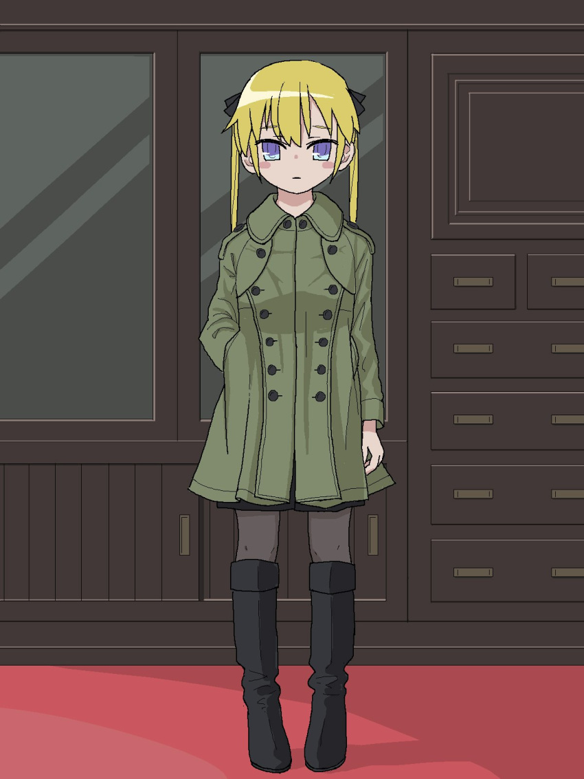 1girl bangs black_footwear blonde_hair boots closed_mouth coat double-breasted full_body green_coat grey_legwear hand_in_pocket highres kill_me_baby knee_boots long_hair long_sleeves looking_at_viewer nadegata pantyhose pigeon-toed solo sonya_(kill_me_baby) standing twintails violet_eyes