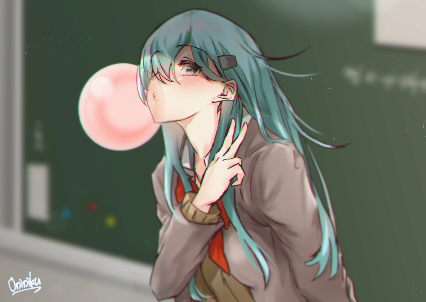 1girl aqua_eyes aqua_hair artist_name blazer blurry brown_jacket bubble_blowing cardigan chalkboard chewing_gum commentary_request depth_of_field hair_ornament hairclip jacket kantai_collection long_hair looking_at_viewer mani_oniniku remodel_(kantai_collection) school_uniform solo suzuya_(kantai_collection) upper_body