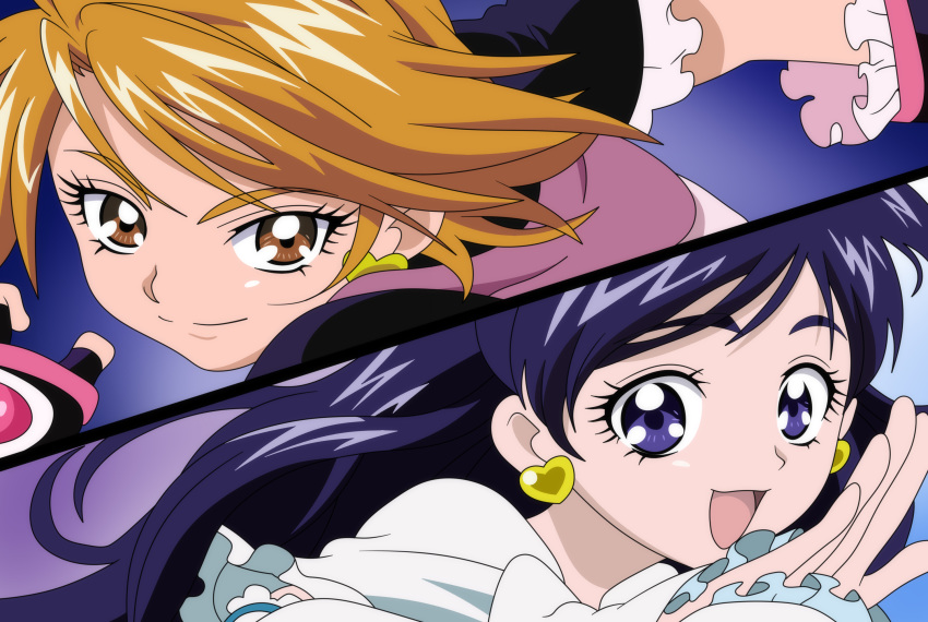 2girls :d anime_coloring bangs black_gloves black_hair black_sleeves blue_eyes brown_eyes brown_hair closed_mouth cure_black cure_white dearigazu2001 detached_sleeves earrings fingerless_gloves floating_hair frilled_sleeves frills futari_wa_precure gloves heart heart_earrings highres jewelry long_hair long_sleeves looking_at_viewer multiple_girls open_mouth portrait precure shiny shiny_hair short_hair smile split_screen swept_bangs very_long_hair white_sleeves