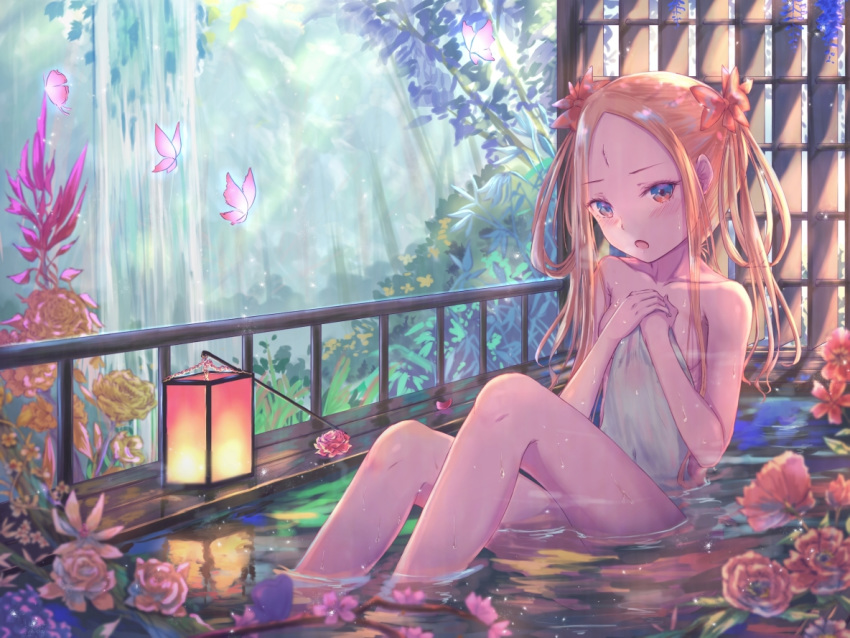 1girl abigail_williams_(fate/grand_order) bangs bare_shoulders bathing blonde_hair blue_eyes blush bow breasts bug butterfly collarbone fate/grand_order fate_(series) flower forehead insect kinom_(sculpturesky) knees_up lantern long_hair looking_at_viewer naked_towel no_bra onsen open_mouth orange_bow paper_lantern parted_bangs sitting small_breasts towel water wet white_towel