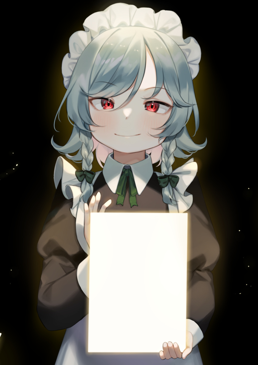 1girl alternate_costume blush bow breasts closed_mouth enmaided eyebrows_visible_through_hair glowing green_bow green_eyes green_neckwear hair_between_eyes highres holding izayoi_sakuya light_particles maid maid_headdress medium_hair neck_ribbon red_eyes ribbon silver_hair smile solo touhou useq1067