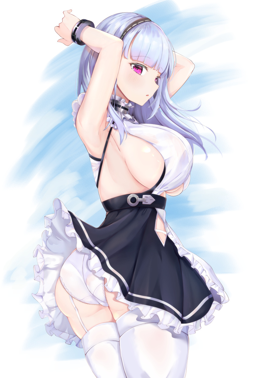 1girl absurdres alternate_costume apron armpits arms_up ass azur_lane bangs black_hairband blunt_bangs blush bracelet breasts dido_(azur_lane) enmaided eyebrows_visible_through_hair frills garter_straps hairband highres jewelry kanno_esuto large_breasts long_hair looking_at_viewer maid panties sideboob silver_hair simple_background skirt skirt_lift sleeveless solo standing thigh-highs under_boob underboob_cutout underwear violet_eyes waist_apron white_apron white_legwear white_panties