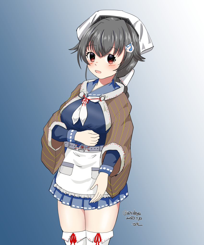1girl apron black_hair blue_background blue_sailor_collar blue_skirt breasts brown_jacket cowboy_shot dated frilled_apron frills gradient gradient_background hair_flaps highres jacket jingei_(kantai_collection) kantai_collection large_breasts long_hair long_sleeves looking_at_viewer neckerchief pleated_skirt red_eyes sailor_collar senon skirt solo thigh-highs twitter_username white_apron white_legwear white_neckwear