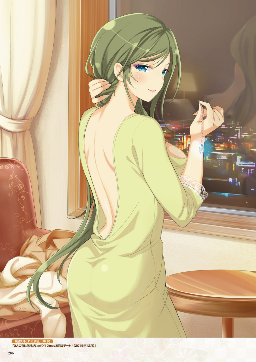 1girl adjusting_hair ass backless_dress backless_outfit bangs bare_back blue_eyes breasts closed_mouth cowboy_shot curtains dated dress eyebrows_visible_through_hair fingernails from_behind fuga_(senran_kagura) green_dress green_hair hand_in_hair highres indoors large_breasts long_dress long_hair long_sleeves looking_back makeup mascara mole mole_under_eye night non-web_source official_art page_number senran_kagura shoulder_blades sidelocks solo standing table translation_request tying_hair very_long_hair window yaegashi_nan