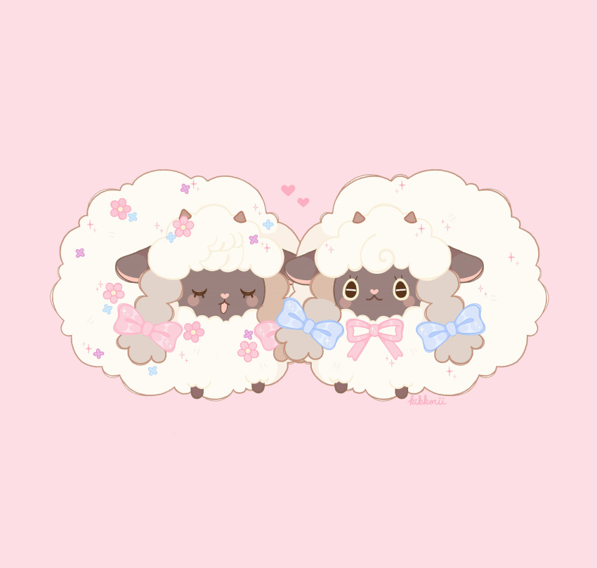 absurdres artist_name black_eyes blue_bow blush_stickers bow closed_eyes closed_mouth commentary eyelashes gen_8_pokemon heart highres kikkorii no_humans open_mouth pink_background pink_ribbon pokemon pokemon_(creature) ribbon wooloo yuri