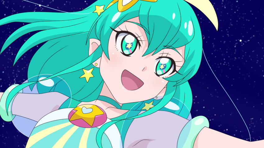 1girl :d anime_coloring aqua_choker aqua_eyes aqua_hair bangs collarbone cure_milky dearigazu2001 earrings eyebrows_visible_through_hair floating_hair hair_between_eyes highres jewelry long_hair open_mouth outstretched_arm precure see-through shiny shiny_hair short_sleeves smile solo star-shaped_pupils star_(symbol) star_earrings star_twinkle_precure symbol-shaped_pupils upper_body