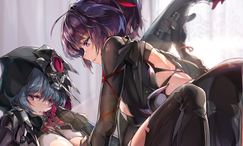 2girls armor ass back bangs blue_hair blush breasts clenched_teeth elbow_gloves gauntlets gloves hair_ornament hand_up highres holding_leg honkai_(series) honkai_impact_3rd hood hood_up large_breasts long_hair multiple_girls parted_lips partial_bodysuit ponytail power_suit purple_hair raiden_mei revealing_clothes sidelocks smile tearing_up teeth torn_clothes violet_eyes yuri zombie-andy