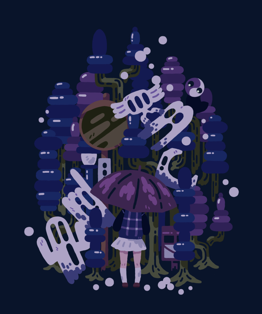 1girl brown_footwear commentary_request facing_away flat_color from_behind highres holding holding_umbrella kneehighs lamppost long_sleeves miniskirt no_lineart nunusayu plant pleated_skirt postbox_(outgoing_mail) purple_sweater purple_umbrella simple_background skirt socks solo standing sweater traffic_mirror umbrella urotsuki white_skirt white_socks wide_shot yume_2kki