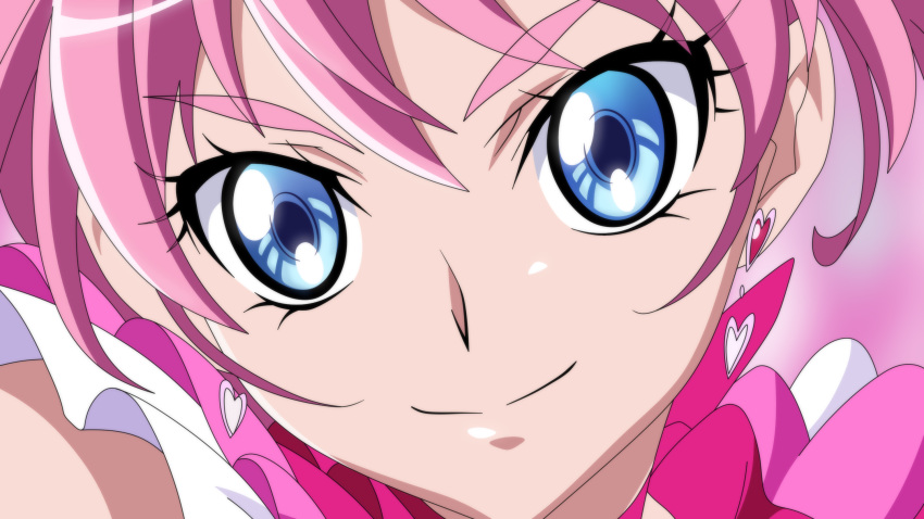 1girl anime_coloring bangs blue_eyes blurry blurry_background closed_mouth cure_melody dearigazu2001 earrings eyebrows_visible_through_hair hair_between_eyes heart heart_earrings highres jewelry looking_at_viewer pink_background pink_hair portrait precure shiny shiny_hair smile solo suite_precure