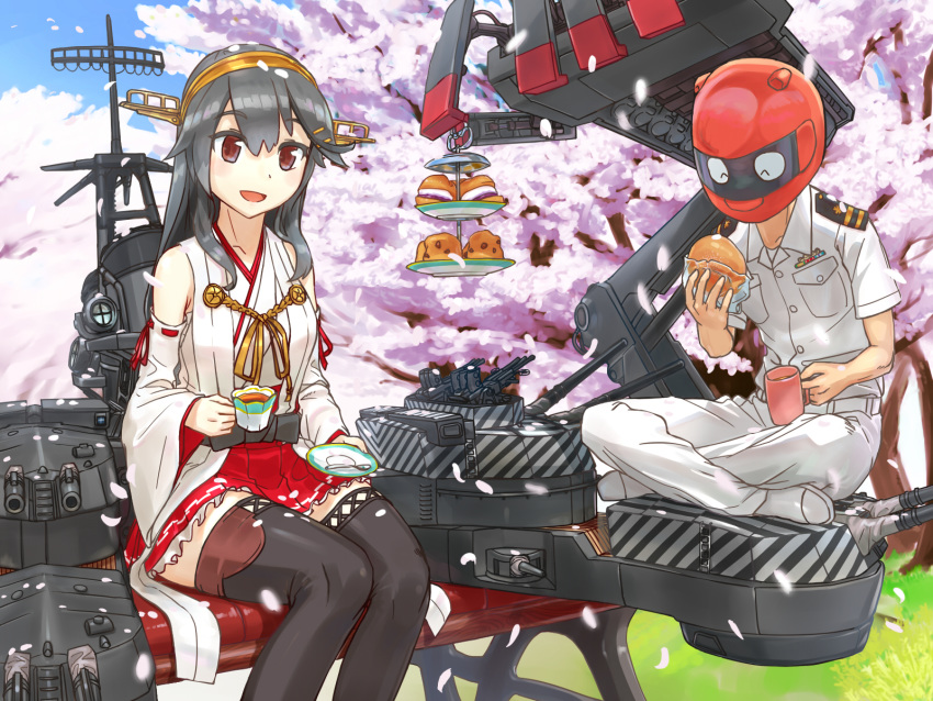 1boy 1girl :d admiral_(kantai_collection) bare_shoulders boots brown_eyes cherry_blossoms commentary_request cup dazzle_paint detached_sleeves epaulettes food grey_hair hair_ornament hairclip haruna_(kantai_collection) headgear helmet highres holding holding_cup holding_food holding_saucer kantai_collection long_hair macaron machinery military military_uniform nontraditional_miko open_mouth red_skirt remodel_(kantai_collection) saucer siozirinootaku21 sitting skirt smile spoon teacup thigh-highs thigh_boots uniform