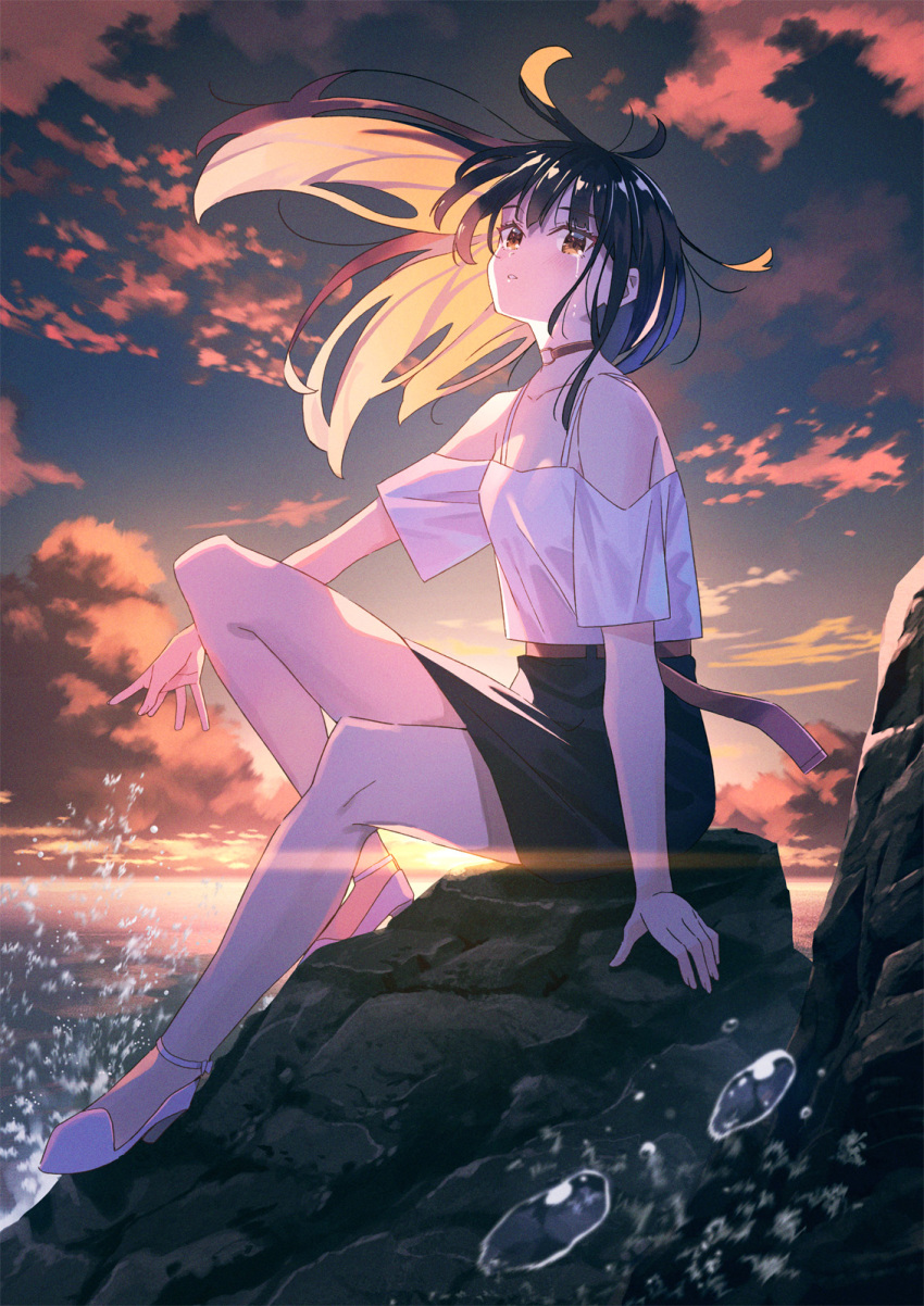 1girl backlighting bare_legs bare_shoulders belt black_choker black_hair black_skirt brown_eyes choker clouds collarbone crying crying_with_eyes_open floating_hair high-waist_skirt high_heels highres knee_up koh_rd long_hair looking_at_viewer miniskirt off-shoulder_shirt off_shoulder original outdoors parted_lips pencil_skirt shirt shirt_tucked_in short_sleeves sitting skirt solo sunset tears thighs water white_footwear white_shirt