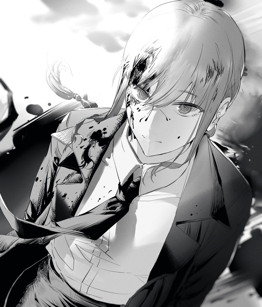 1girl absurdres bangs black_jacket black_neckwear black_pants blood blood_on_face blood_splatter bloody_clothes braid braided_ponytail business_suit chainsaw_man collared_shirt expressionless eyebrows_visible_through_hair formal greyscale highres jacket looking_at_viewer makima_(chainsaw_man) medium_hair monochrome necktie neckwear pants ringed_eyes shirt shirt_tucked_in suit white_shirt yichuan