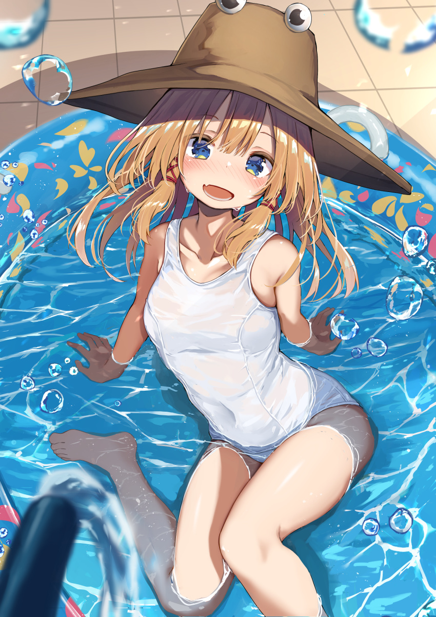 1girl barefoot blush breasts bubble covered_navel hat highres hose long_hair mamemochi moriya_suwako navel open_mouth partially_submerged school_swimsuit sitting small_breasts smile solo swimsuit thighs touhou wading_pool white_swimsuit
