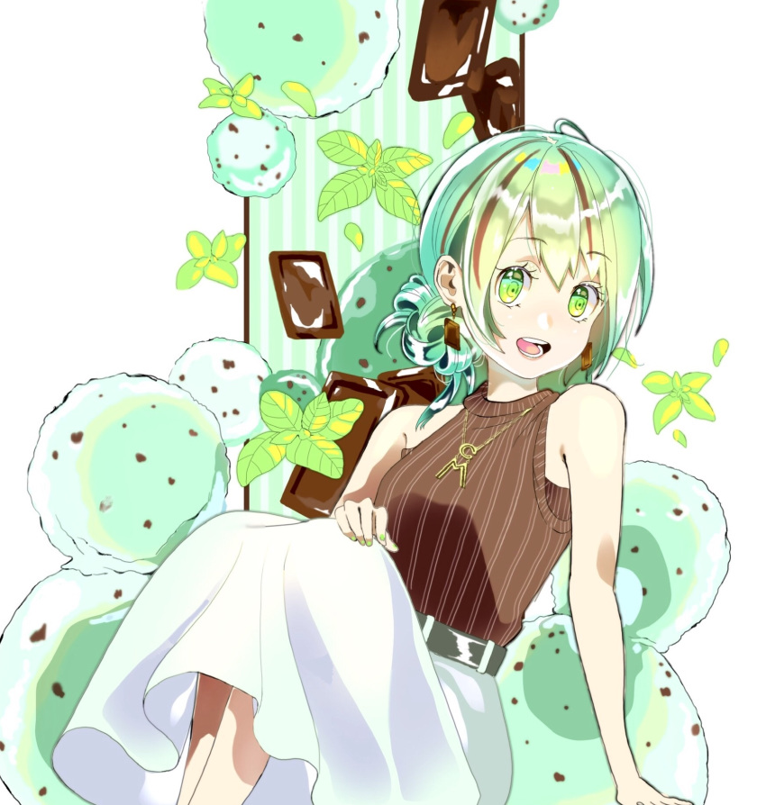 1girl bare_arms bare_shoulders chocolate earrings feet_out_of_frame food green_eyes green_hair hand_on_own_knee high-waist_skirt highres jewelry mint multicolored_hair necklace okutani_toro open_mouth original ribbed_sweater sitting skirt sleeveless sleeveless_sweater smile solo sweater symbol_commentary tied_hair two-tone_hair white_skirt