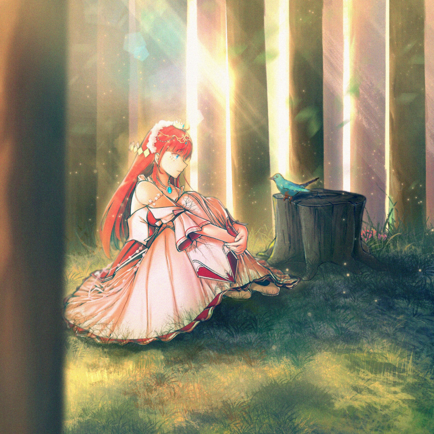 1girl animal bird blue_eyes crown dress forest full_body grass hair_ornament highres irum jewelry lens_flare light_rays long_hair looking_away mini_crown nature original outdoors pendant plant profile redhead scenery sitting solo sunbeam sunlight