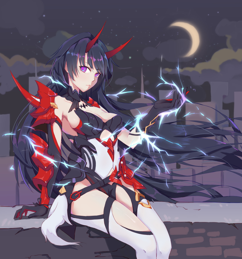 1girl absurdres black_hair bodysuit breasts clouds delusion_god highres honkai_(series) honkai_impact_3rd horns lightning long_hair medium_breasts moon raiden_mei_(herrscher_of_thunder) red_horns sitting sky solo star_(sky) starry_sky violet_eyes