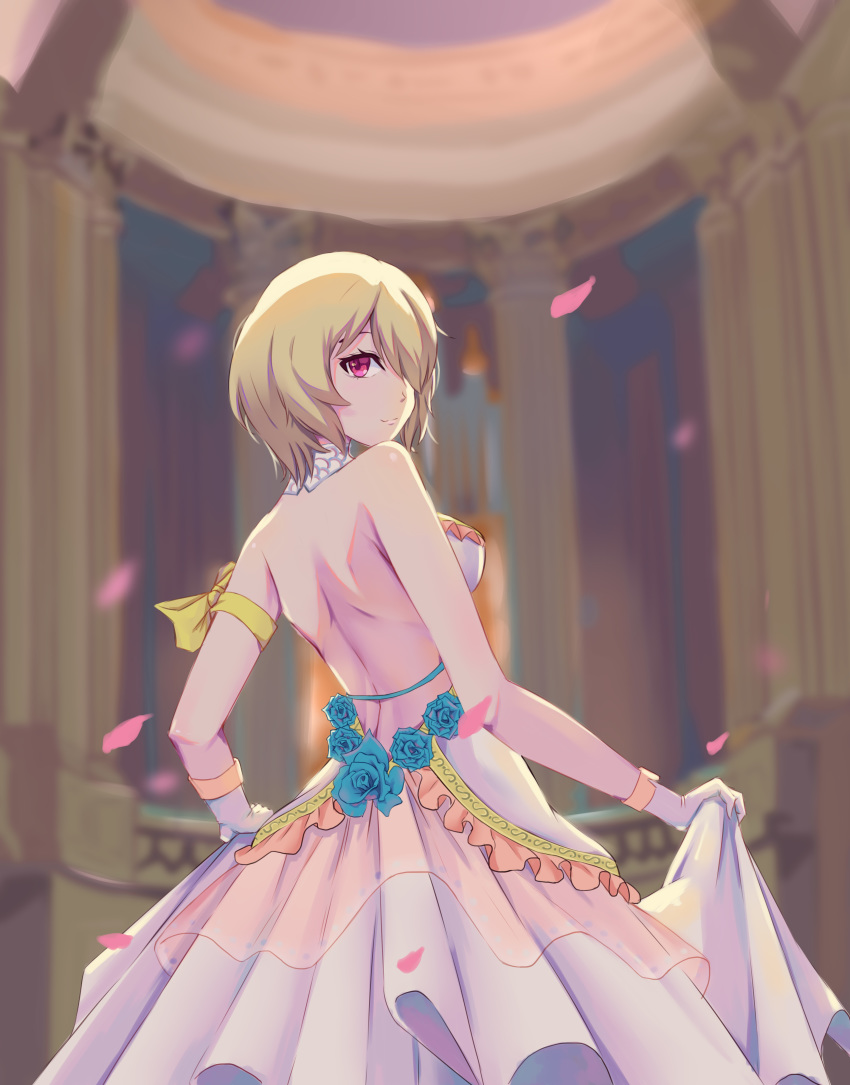 1girl absurdres backless_dress backless_outfit delusion_god dress dress_lift from_behind gloves hair_over_one_eye highres honkai_(series) honkai_impact_3rd light_brown_hair looking_at_viewer looking_back rita_rossweisse short_hair smile solo violet_eyes white_dress white_gloves