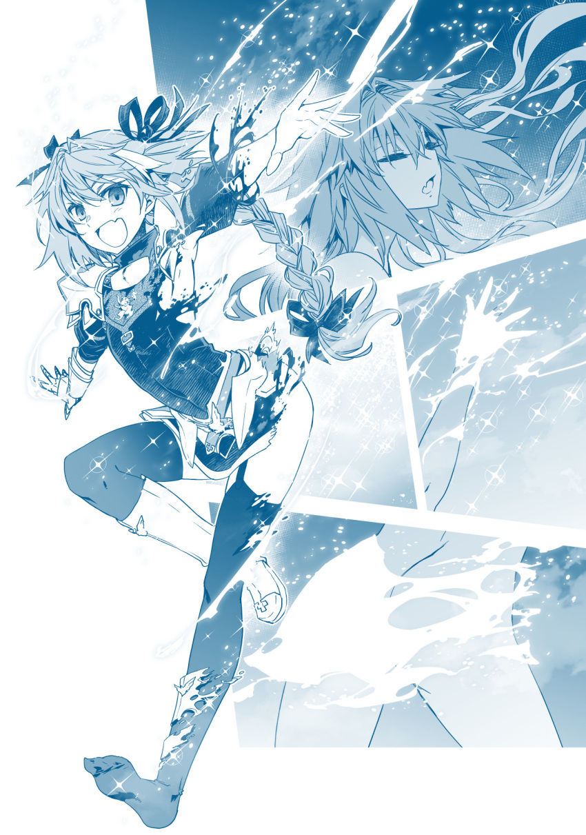 1boy armor armpits ass astolfo_(fate) boots braid braided_ponytail closed_eyes commentary_request fang fate/apocrypha fate_(series) gauntlets greyscale hair_between_eyes highres ishida_akira knee_boots long_hair looking_at_viewer monochrome multiple_views open_mouth shoulder_armor simple_background skin_fang thigh-highs transformation white_background