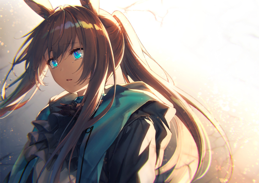 1girl amiya_(arknights) animal_ears arknights blue_eyes brown_hair commentary_request crying crying_with_eyes_open eyebrows_visible_through_hair hair_between_eyes long_hair open_mouth ponytail solo tears toosaka_asagi