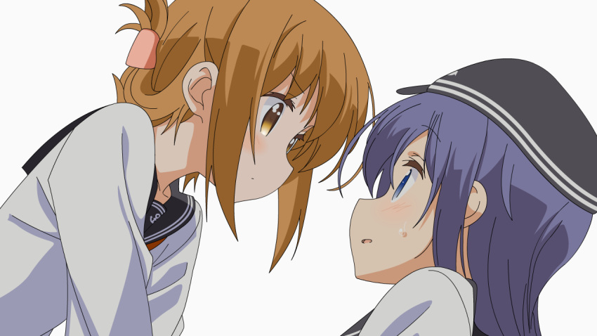 2girls akatsuki_(kantai_collection) anchor_symbol anime_coloring bangs black_sailor_collar blush brown_eyes brown_hair collarbone commentary_request eye_contact eyebrows_visible_through_hair flat_cap folded_ponytail from_side hair_between_eyes hat inazuma_(kantai_collection) kantai_collection long_hair long_sleeves looking_at_another messy_hair multiple_girls neckerchief parody parted_lips purple_hair red_neckwear sailor_collar school_uniform serafuku shirt sidelocks sideways_mouth simple_background slow_start style_parody sugapi sweatdrop upper_body violet_eyes white_background white_shirt