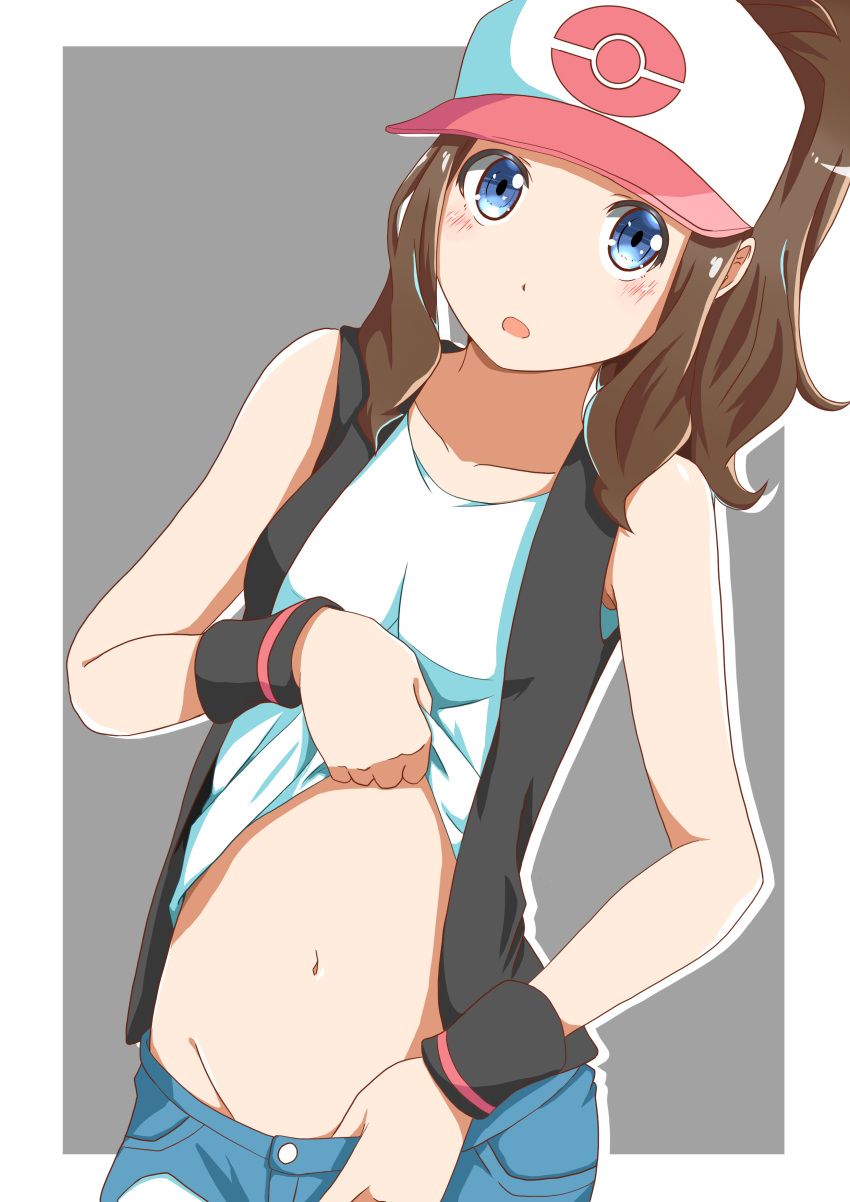 1girl absurdres baseball_cap blue_eyes blue_shorts blush brown_hair collarbone denim denim_shorts grey_background groin hat high_ponytail highres hilda_(pokemon) lifted_by_self long_hair looking_at_viewer midriff navel negimiso1989 open_mouth poke_ball_print pokemon pokemon_(game) pokemon_bw print_headwear pulled_by_self shiny shiny_hair shirt shirt_lift short_shorts shorts shorts_pull sleeveless sleeveless_shirt solo standing stomach two-tone_background white_background white_headwear white_shirt