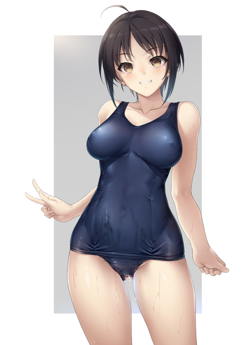 1girl absurdres ahoge ass_visible_through_thighs bangs black_hair blue_swimsuit blush breasts clenched_hand collarbone contrapposto covered_navel covered_nipples cowboy_shot crotch_seam dripping eyebrows_visible_through_hair grin groin hair_intakes highres impossible_clothes impossible_swimsuit kanata_(kanata_onion) looking_at_viewer medium_breasts old_school_swimsuit one-piece_swimsuit original outside_border parted_bangs school_swimsuit shiny shiny_clothes shiny_skin short_hair sidelocks smile solo standing swimsuit v wet wet_clothes wet_swimsuit yellow_eyes