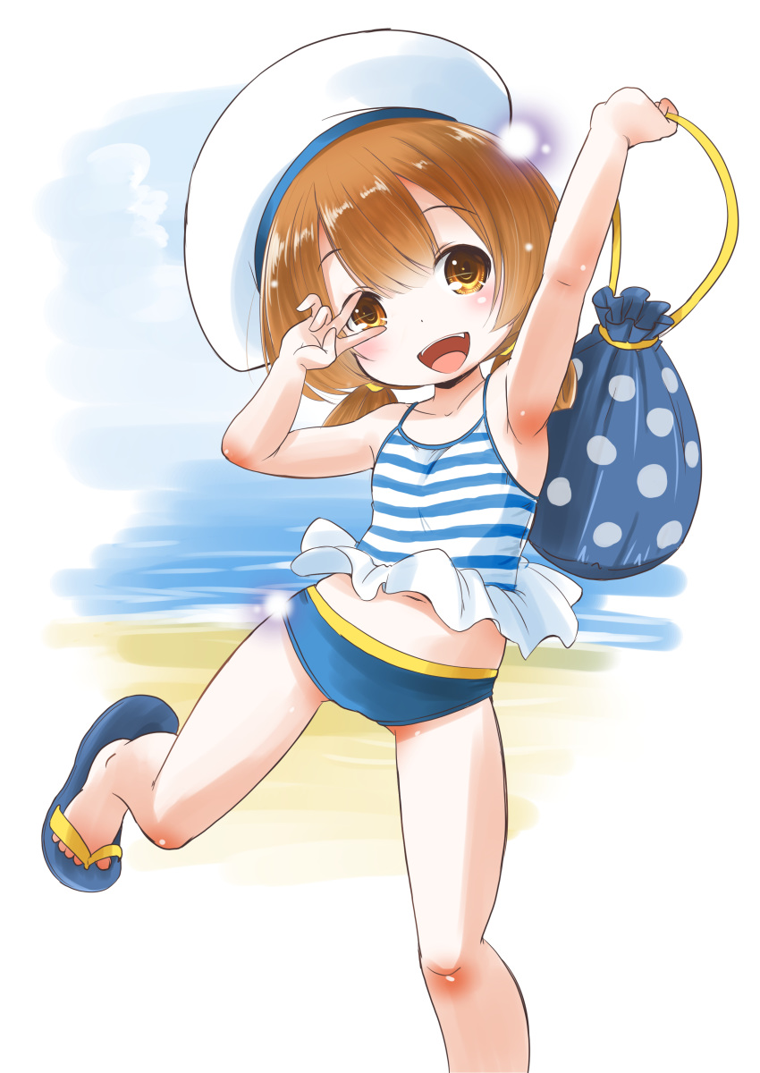 1girl absurdres bag beach bikini brown_eyes brown_hair commentary_request cowboy_shot fang hair_rings hat highres kaiboukan_no._4_(kantai_collection) kantai_collection long_hair looking_at_viewer low_twintails mismatched_bikini ocean one_eye_closed polka_dot sailor_hat satchel skin_fang smile solo striped striped_bikini swimsuit taisinkoku twintails v_over_eye white_headwear