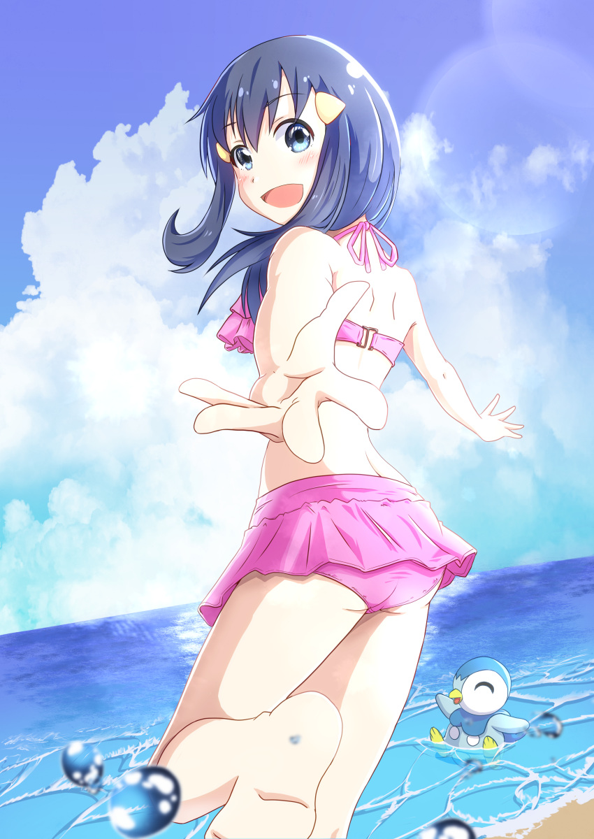 1girl :d absurdres bangs barefoot bikini bikini_skirt blue_eyes blue_hair blue_sky blush clouds day dutch_angle eyebrows_visible_through_hair floating_hair gen_4_pokemon hair_between_eyes hair_ornament hairclip halterneck highres hikari_(pokemon) long_hair looking_at_viewer negimiso1989 ocean open_mouth outdoors outstretched_arms pink_bikini pink_ribbon pink_skirt piplup pleated_skirt pokemon pokemon_(game) pokemon_dppt reaching_out ribbon shiny shiny_hair shoulder_blades skirt sky smile soles solo standing standing_on_one_leg starter_pokemon swimsuit