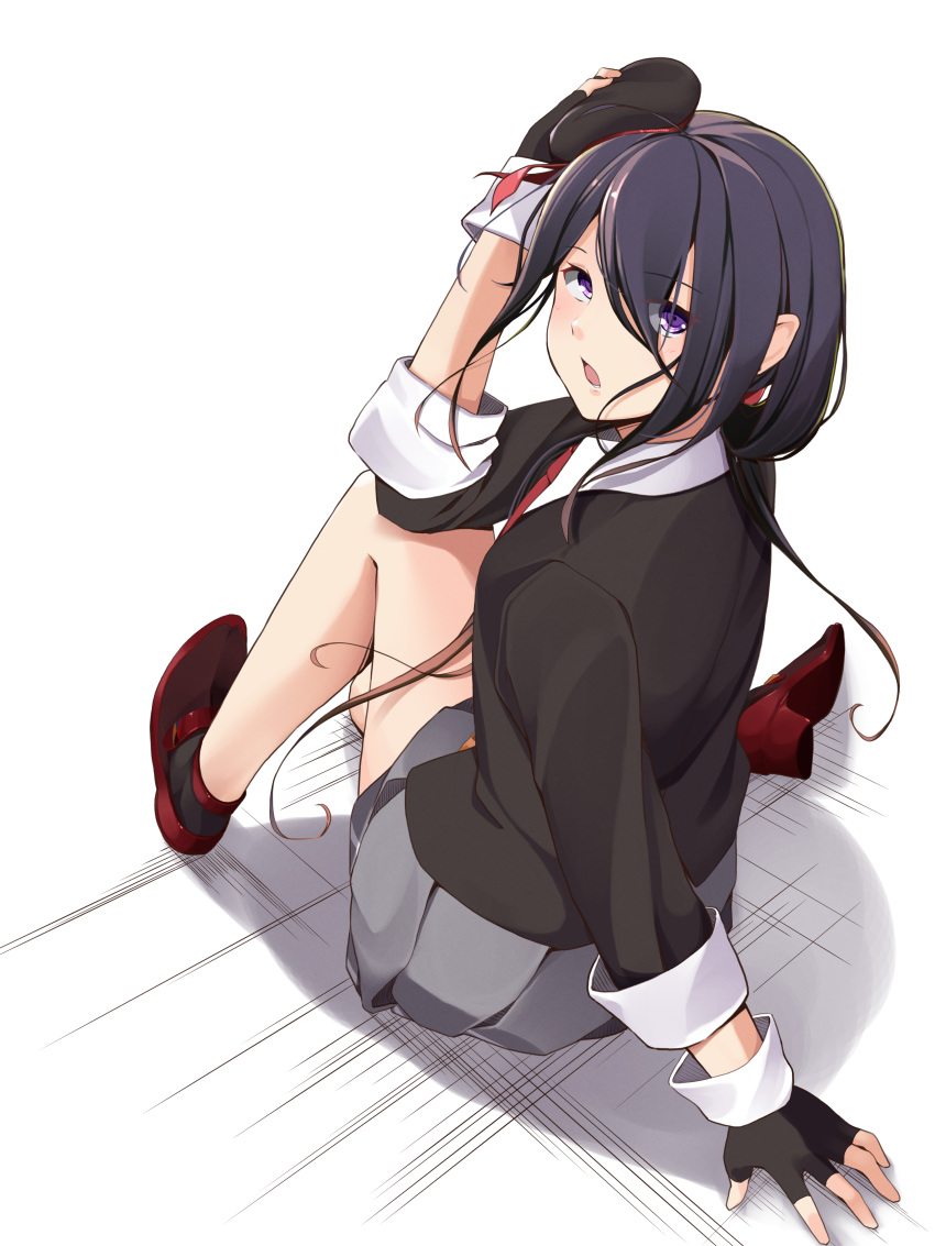 1girl absurdres ariake_(kantai_collection) befu black_gloves black_hair black_headwear collared_shirt commentary_request fingerless_gloves from_behind gloves grey_skirt hair_over_one_eye highres kantai_collection long_hair long_sleeves looking_at_viewer necktie pleated_skirt red_neckwear shirt simple_background sitting skirt solo violet_eyes white_background