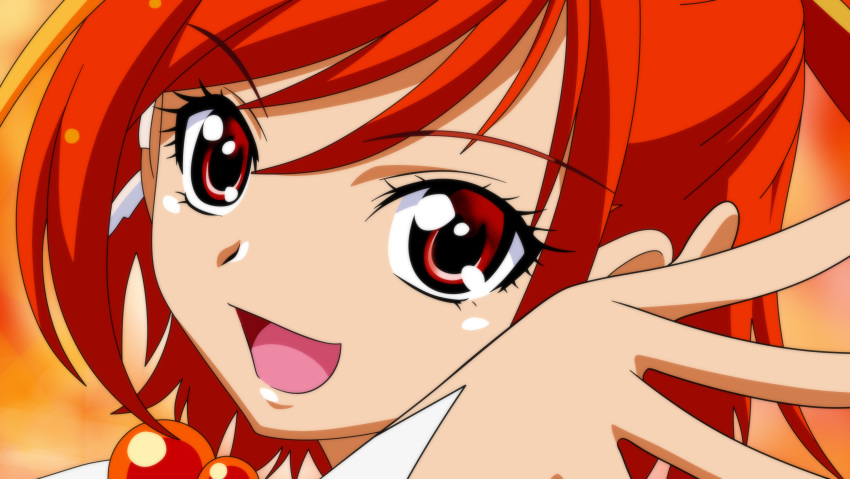 1girl :d anime_coloring bangs blurry blurry_background cure_sunny dearigazu2001 eyebrows_visible_through_hair hair_between_eyes highres open_mouth ponytail portrait precure red_eyes redhead short_hair smile smile_precure! solo