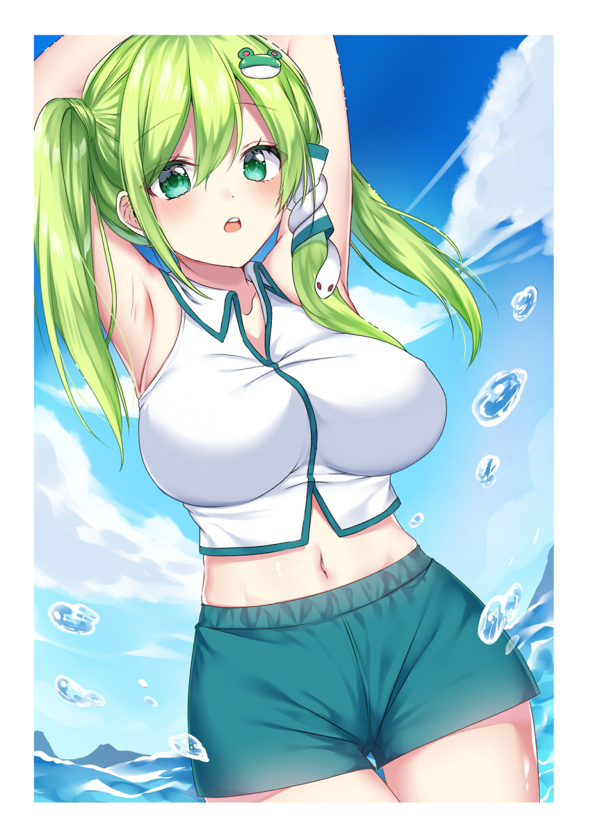 1girl alternate_hairstyle aqua_eyes armpits arms_up blue_shorts breasts clouds collared_shirt cowboy_shot crop_top day dutch_angle eyebrows_visible_through_hair frog_hair_ornament green_hair hair_ornament hair_tubes highres kochiya_sanae midriff navel open_mouth shiki_(s1k1xxx) shirt short_shorts shorts sky sleeveless sleeveless_shirt snake_hair_ornament solo touhou twintails upper_teeth water white_shirt