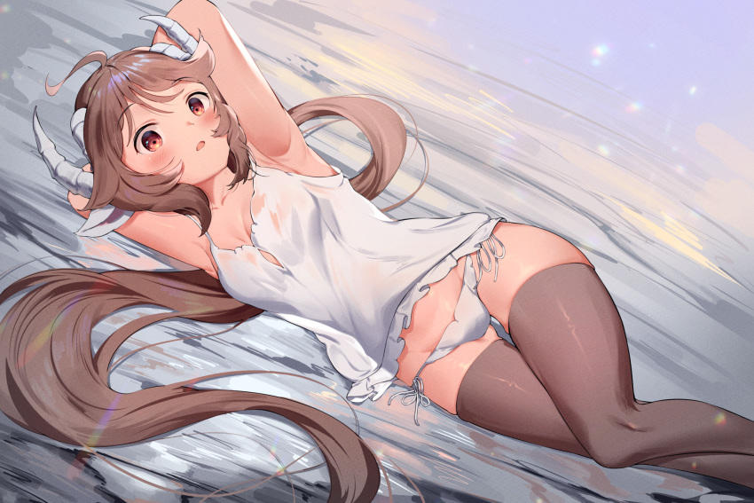 1girl ahoge arknights armpits arms_behind_head arms_up bangs bare_shoulders black_legwear blush brown_eyes brown_hair camisole commentary dutch_angle eyebrows_visible_through_hair eyjafjalla_(arknights) feet_out_of_frame gappt highres horns long_hair looking_at_viewer lying on_side panties parted_lips sheep_horns solo spaghetti_strap thigh-highs thighs underwear very_long_hair white_panties