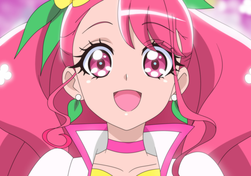 1girl :d anime_coloring asymmetrical_bangs bangs blurry blurry_background choker collarbone cure_grace dearigazu2001 earrings eyebrows_visible_through_hair flower hair_flower hair_ornament healin'_good_precure highres jewelry long_hair looking_at_viewer open_mouth pink_choker pink_eyes pink_hair portrait precure shiny shiny_hair smile solo yellow_flower