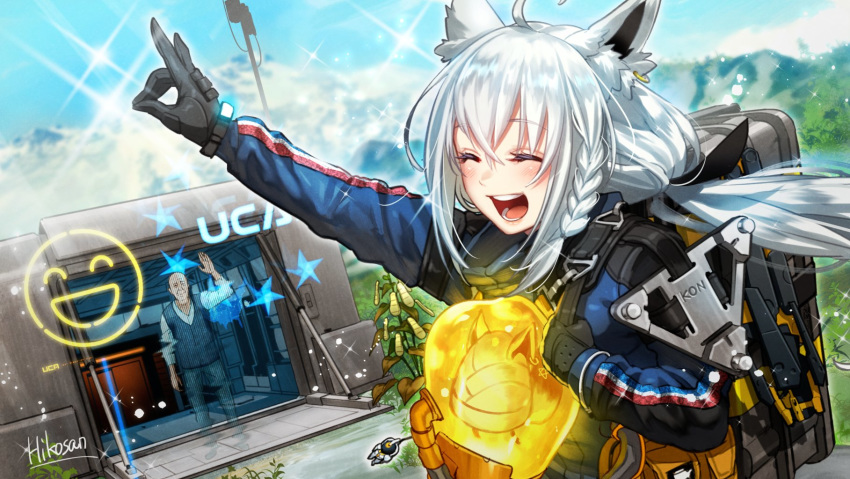 1boy 1girl animal_ear_fluff animal_ears artist_name backpack bag bangs black_gloves blue_suit braid closed_eyes commentary_request cosplay earrings eyebrows_visible_through_hair fox_ears fox_girl fox_shadow_puppet gloves grass hair_between_eyes highres hikosan20216917 hololive jewelry mountain open_mouth oruyanke_(fubuki_channel) outdoors sam_porter_bridges sam_porter_bridges_(cosplay) shirakami_fubuki sidelocks single_braid smiley_face sparkle virtual_youtuber waving white_hair