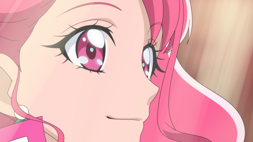 1girl anime_coloring closed_mouth cure_grace dearigazu2001 earrings healin'_good_precure highres jewelry long_hair pink_eyes pink_hair portrait precure smile solo sunlight