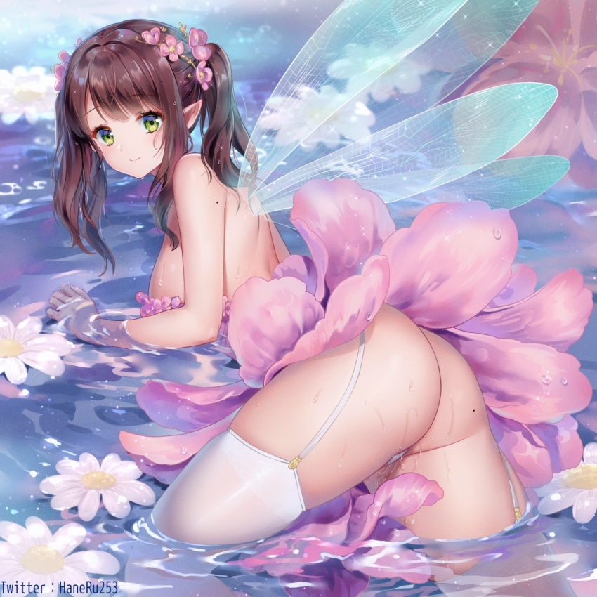 1girl ass blush breasts brown_hair dress eyebrows_visible_through_hair fairy fairy_wings flower flower_on_liquid garter_belt green_eyes hair_between_eyes hair_flower hair_ornament haneru highres looking_at_viewer medium_breasts medium_hair original panties partially_submerged pink_dress pointy_ears smile solo thigh-highs twitter_username two_side_up underwear water wet white_legwear white_panties wings