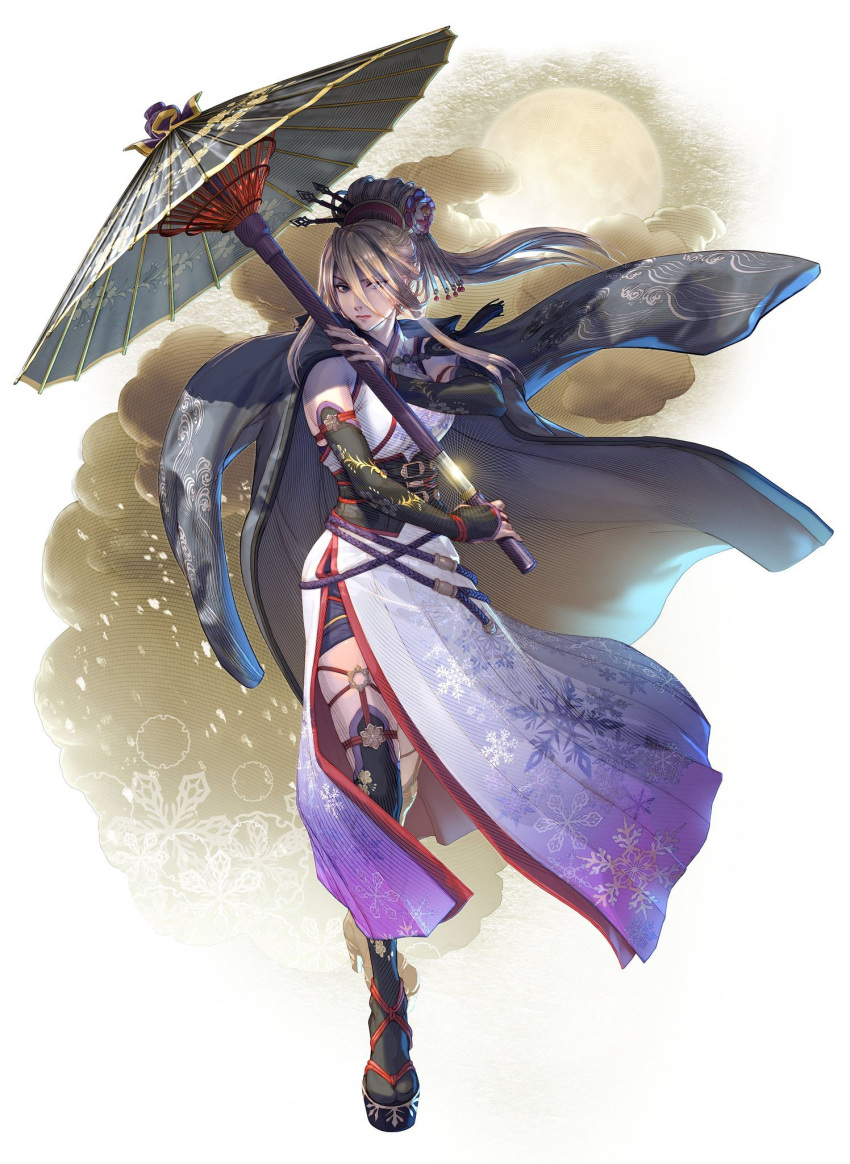 1girl :| blonde_hair blue_eyes closed_mouth concealed_sword corset cross-laced_footwear elbow_gloves eye_visible_through_hair female fingerless_gloves full_body gloves high_heels highres holding holding_umbrella iaito jacket jacket_on_shoulders official_art oriental_umbrella parasol setsuka sheath solo soulcalibur soulcalibur_vi umbrella unsheathing