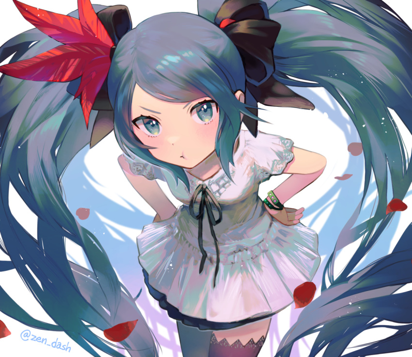 1girl aqua_eyes aqua_hair black_legwear black_ribbon bracelet commentary cowboy_shot dress feathers hair_feathers hair_ribbon hands_on_hips hatsune_miku ito_taera jewelry leaning_forward light_blush long_hair looking_at_viewer neck_ribbon petals pout red_feathers ribbon short_sleeves supreme_(module) thigh-highs twintails twitter_username v-shaped_eyebrows very_long_hair vocaloid white_background white_dress world_is_mine_(vocaloid)