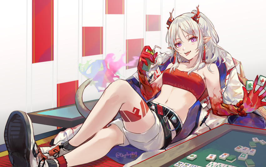 1girl arknights bandeau bare_arms bare_legs bare_shoulders bead_bracelet beads belt black_legwear bracelet breasts coat coat_removed collarbone csyday dragon_horns earrings eyeshadow highres holding horns jewelry juice_box knee_up long_hair looking_at_viewer mahjong mahjong_table mahjong_tile makeup midriff multicolored_hair navel nian_(arknights) open_mouth pointy_ears ponytail reclining shoes short_shorts shorts sidelocks small_breasts smile socks solo stomach streaked_hair tattoo tongue tongue_out violet_eyes white_coat white_footwear white_hair white_shorts