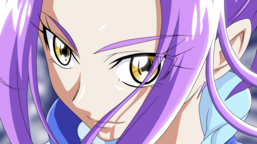 1girl anime_coloring blurry blurry_background closed_mouth cure_beat dearigazu2001 eyebrows_visible_through_hair highres portrait precure purple_hair shiny shiny_hair smile solo suite_precure yellow_eyes