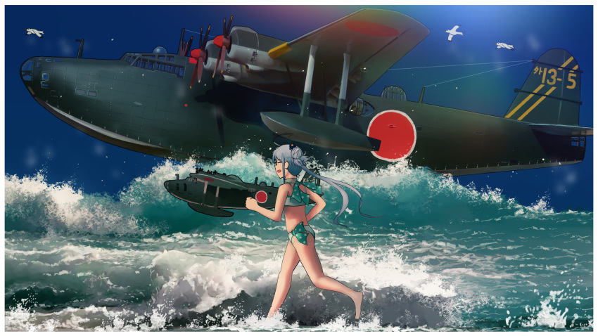 1girl ahoge aircraft airplane akitsushima_(kantai_collection) bikini bird blue_sky closed_eyes commentary_request flying_boat full_body h8k highres kantai_collection long_hair nishikitaitei-chan polka_dot purple_hair running seagull side_ponytail sky solo swimsuit timmyyen waves