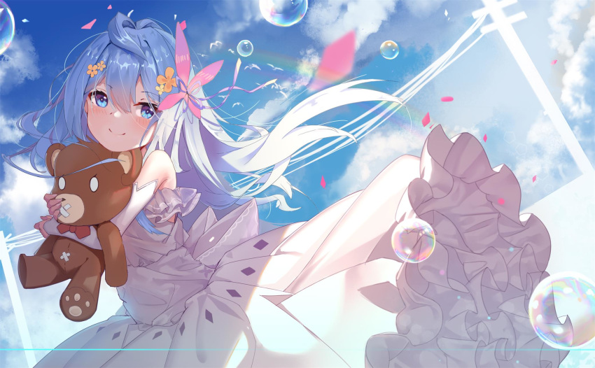 1girl bandages bangs bird blue_eyes blue_hair blue_sky bow bridal_gauntlets bubble closed_mouth clouds commentary_request dress dutch_angle eyebrows_visible_through_hair flower frilled_dress frills hair_blowing hair_flower hair_ornament highres holding holding_stuffed_animal long_hair original petals power_lines ribbon sidelocks sky smile solo stuffed_animal stuffed_toy teddy_bear wedding_dress white_dress zhongwu_chahui