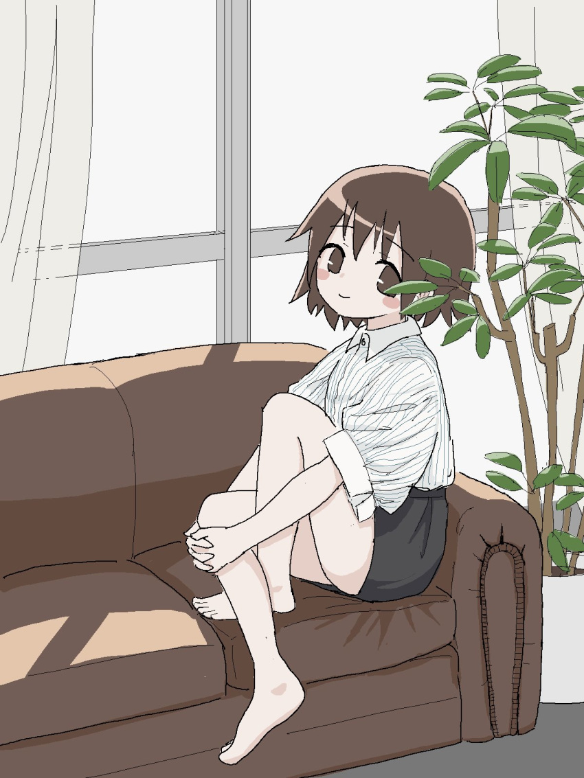 1girl barefoot black_skirt blouse blush_stickers brown_hair closed_mouth couch curtains highres kill_me_baby leg_hug looking_at_viewer miniskirt nadegata oribe_yasuna plant potted_plant short_hair sitting skirt smile solo white_blouse