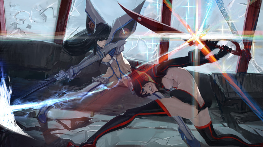 2girls ass bakuzan black_hair blue_eyes boots breasts clenched_teeth commentary_request highres holding holding_sword holding_weapon junketsu kamui_(kill_la_kill) kill_la_kill kiryuuin_satsuki legs_apart long_hair matoi_ryuuko microskirt multicolored_hair multiple_girls navel olg_(olgpixi) pleated_skirt redhead revealing_clothes scissor_blade senketsu skirt streaked_hair sword teeth thigh-highs thigh_boots two-tone_hair weapon