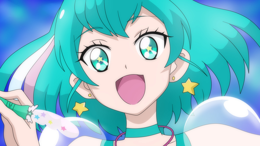 1girl :d anime_coloring aqua_eyes aqua_hair collarbone cure_milky dearigazu2001 earrings floating_hair highres holding jewelry looking_at_viewer open_mouth precure see-through smile solo star-shaped_pupils star_(symbol) star_earrings star_twinkle_precure symbol-shaped_pupils