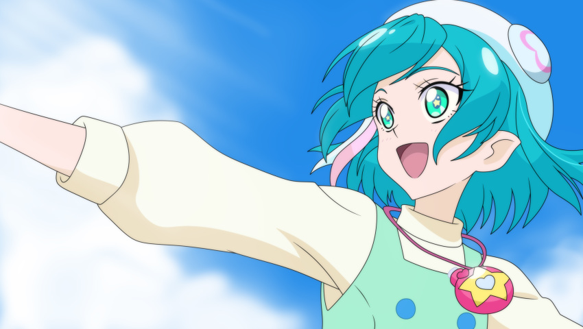 1girl :d anime_coloring blue_eyes blue_hair blue_sky blurry blurry_background clouds dearigazu2001 hagoromo_lala hair_ribbon hat highres jewelry long_sleeves necklace open_mouth outstretched_arms pink_ribbon pouch precure ribbon shiny shiny_hair shirt short_hair sky smile solo star-shaped_pupils star_(symbol) star_twinkle_precure symbol-shaped_pupils upper_body white_headwear white_ribbon white_shirt